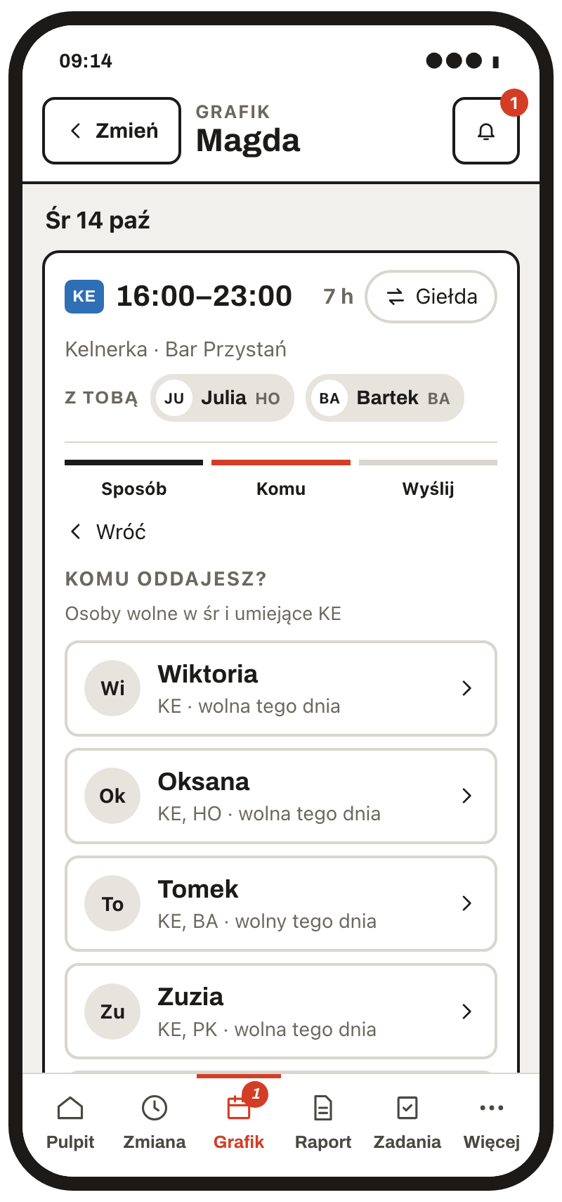 Kelnerka oddaje zmianę: lista osób wolnych tego dnia, które umieją pracować na sali